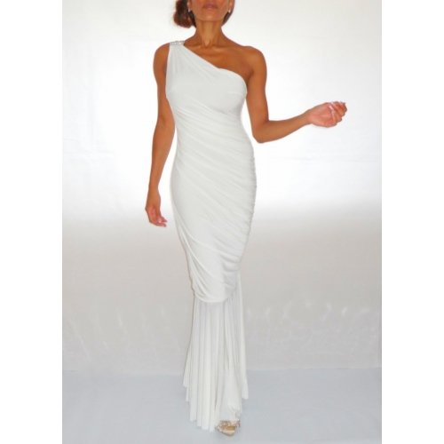 WHITE GRECIAN MAXI BODYCON DRESS WITH ONE SHOULDER CRYSTAL EMBELLISHMENT Rockafrock
